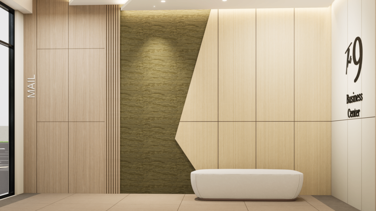Elevation of the mail wall with oak panels, textured stone inset and a low white bench