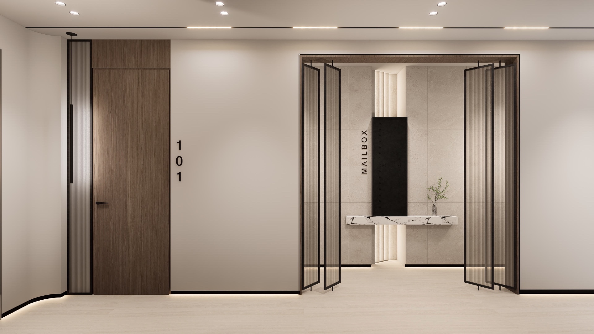 Residential vestibule with unit 101 oak door, fluted glass screens and a limestone mailbox alcove beyond