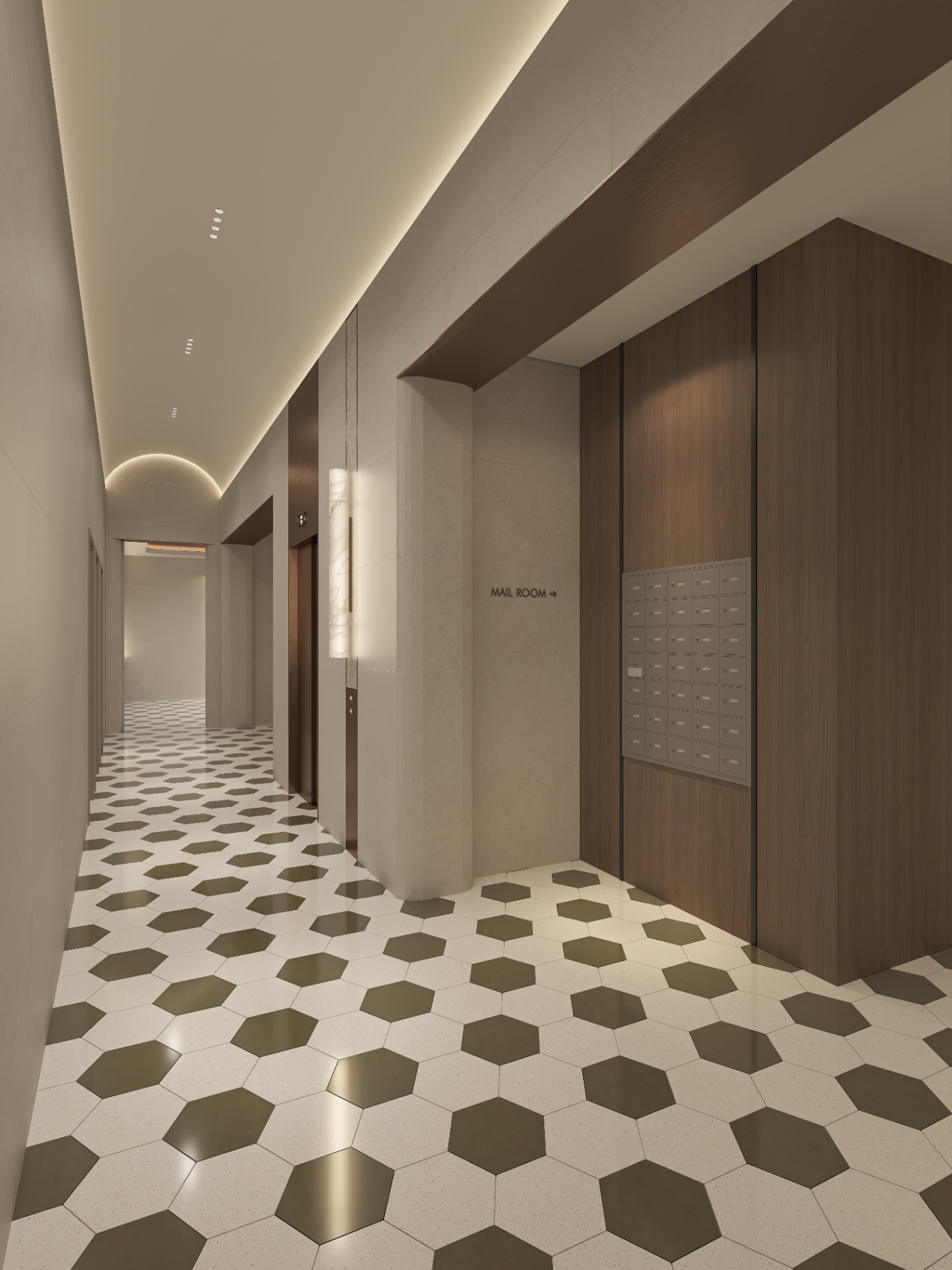 Mail room entry with walnut millwork, mailbox bank and bronze header detail