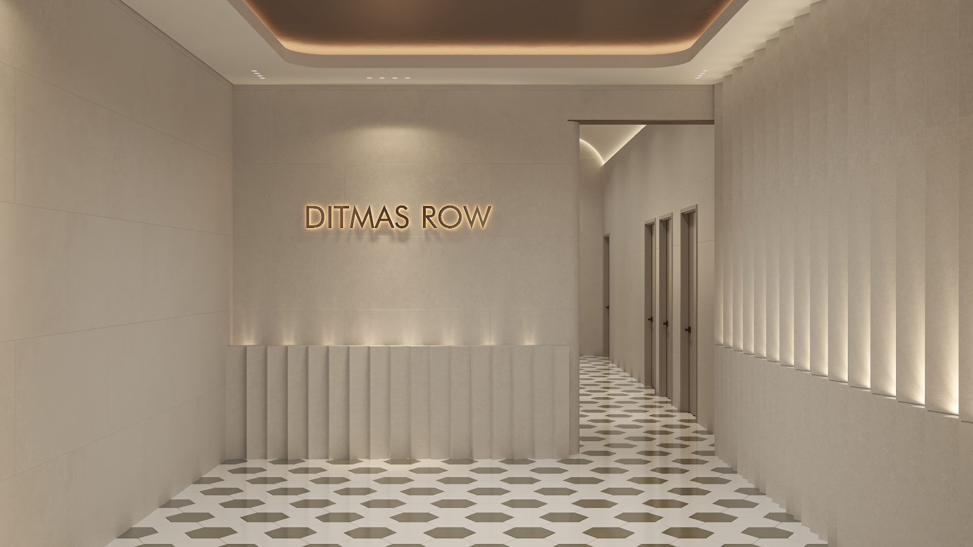 Ditmas Row signage lobby with fluted plaster plinth, backlit bronze letterset and hexagonal terrazzo floor
