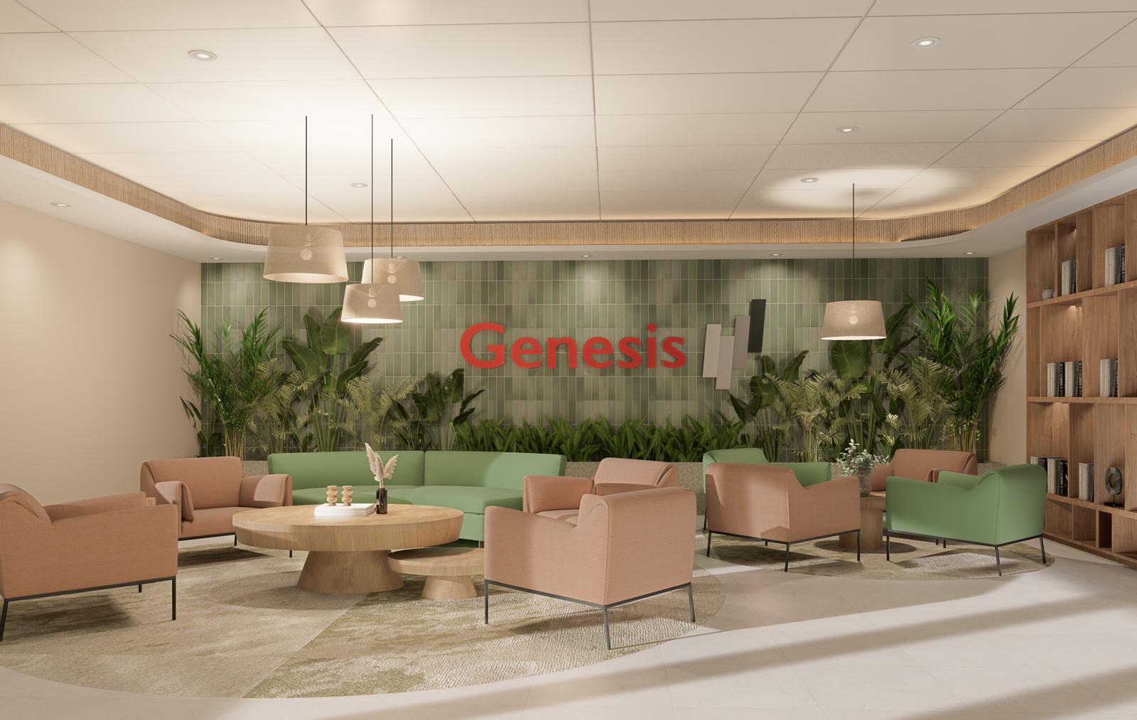 Axial view of the Genesis lounge seating group facing the tiled signage wall