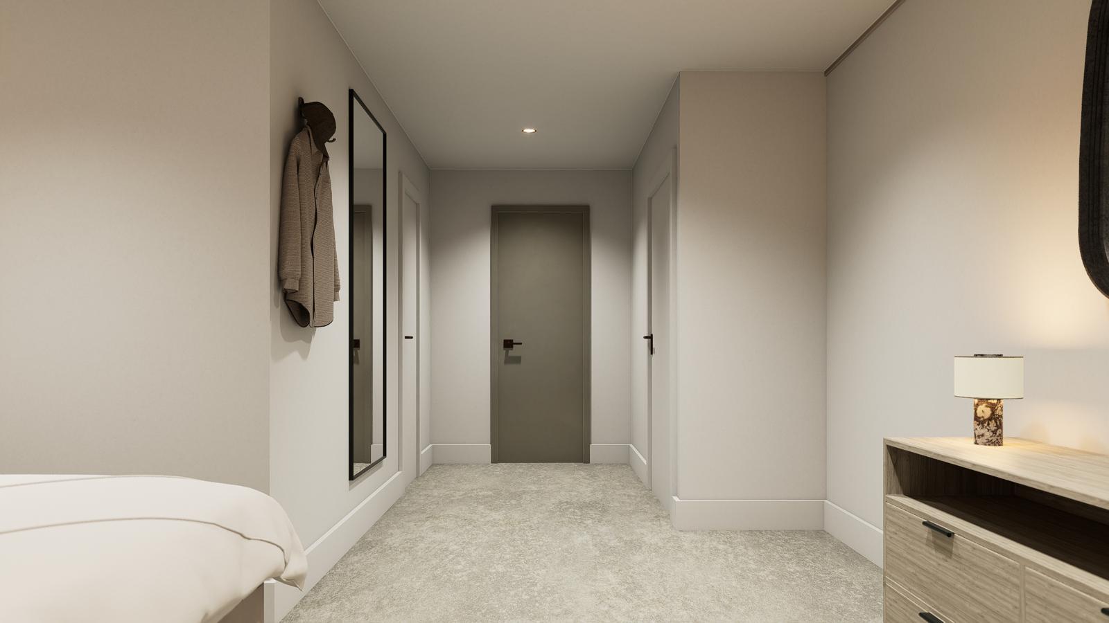 Suite entry vestibule with full-height black-framed mirror and painted doors