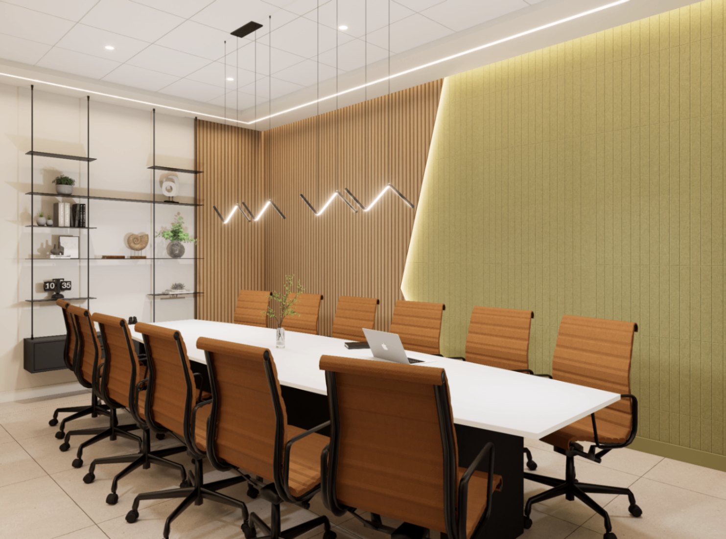 Angled view across the conference table toward open display shelving, oak slat wall and illuminated acoustic panels