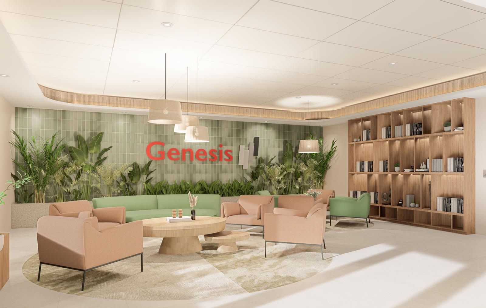 Genesis lounge with green tiled feature wall, planting, terracotta armchairs and oak shelving